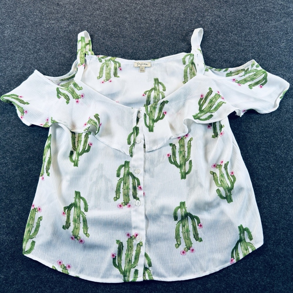 Lily White Cactus Print White Button Up Blouse Large - Picture 1 of 6